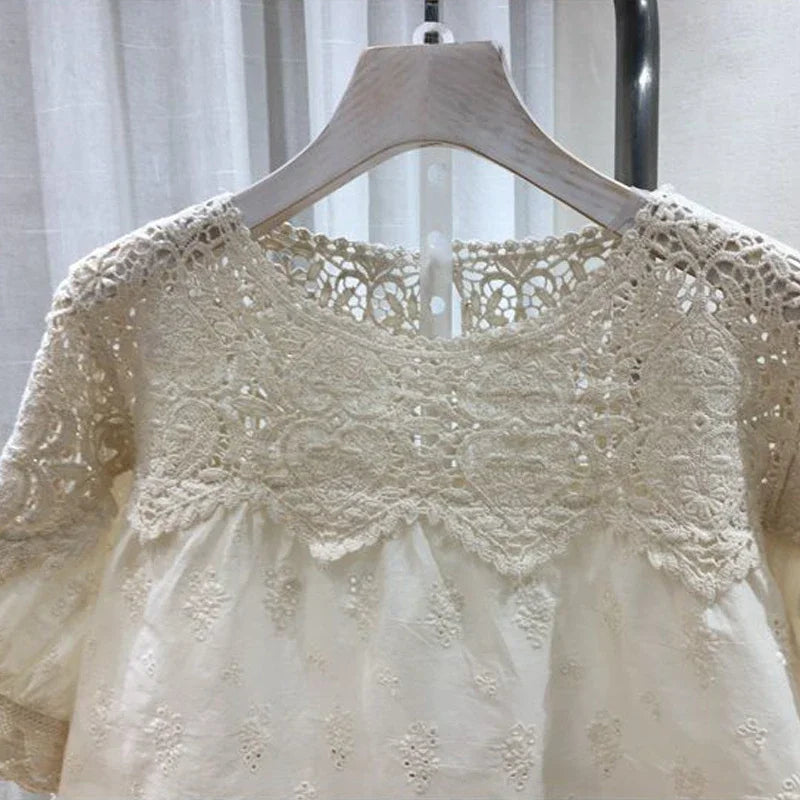 Embroidery Hollow Women Shirts Fashion Loose Short Sleeve Shirt Summer Comfortable Casual Female Tops O-Neck Ladies Clothes