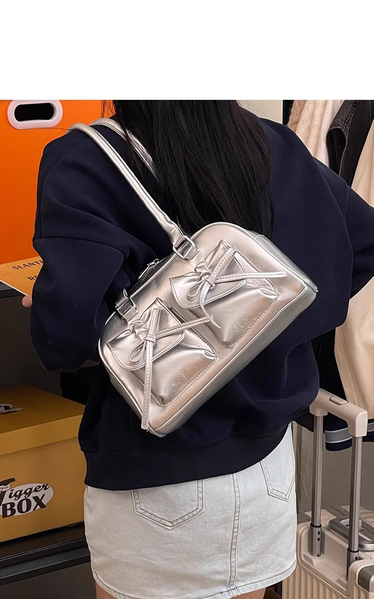 Xiuya Silver Pleated Womens Shoulder Bag Elegant Gentle Korean Fashion Leather Handbag Bow Sweet New Simple Ladies Boston Bag