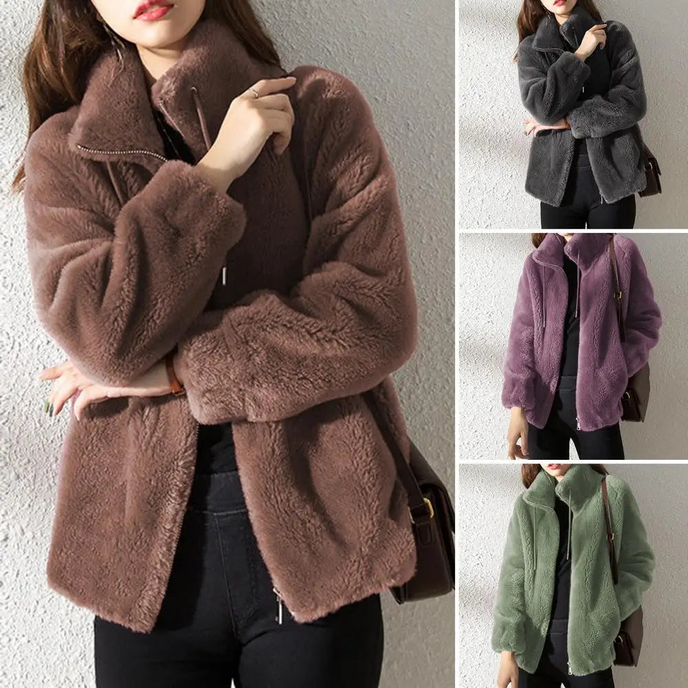 Chic Women Winter Jacket Thermal Winter Coat Zipper Placket Pure Color Women Winter Coat Drawstring