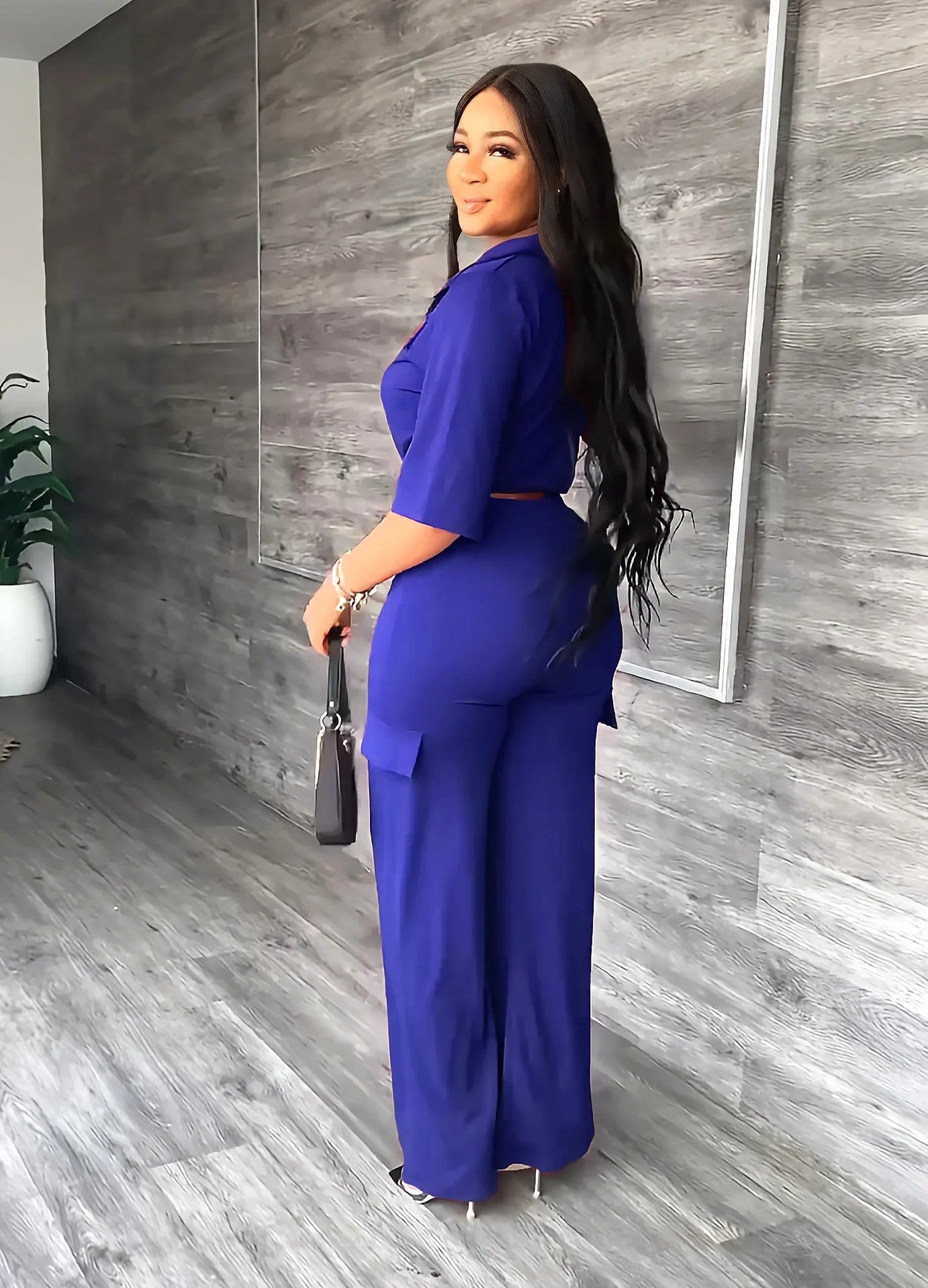 Elegant Women's Set Casual Drawstring Half Sleeve Short Blouse High Waist Straight Wide Leg Pant Suit Tracksuit Two Piece Outfit