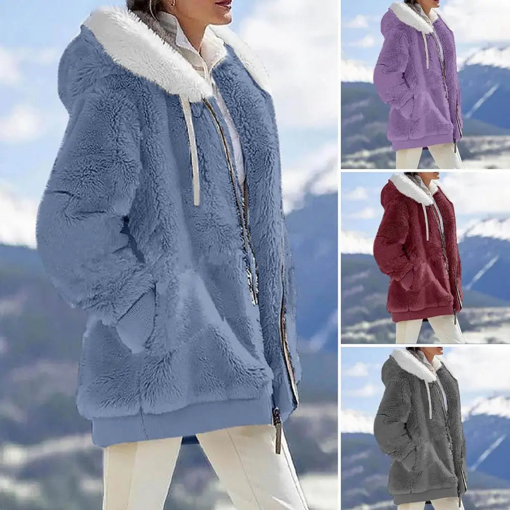 Women's Winter Coat Solid Color loose Plush Zipper Hooded