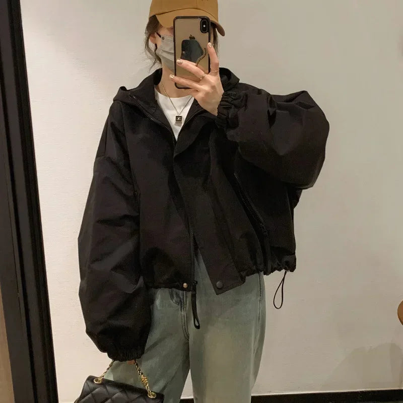 Women Autumn Casual Short Coat Hooded Windbreaker Solid Color Zippers Overcoat Full Sleeve Outerwear Streetwear Female Jacket