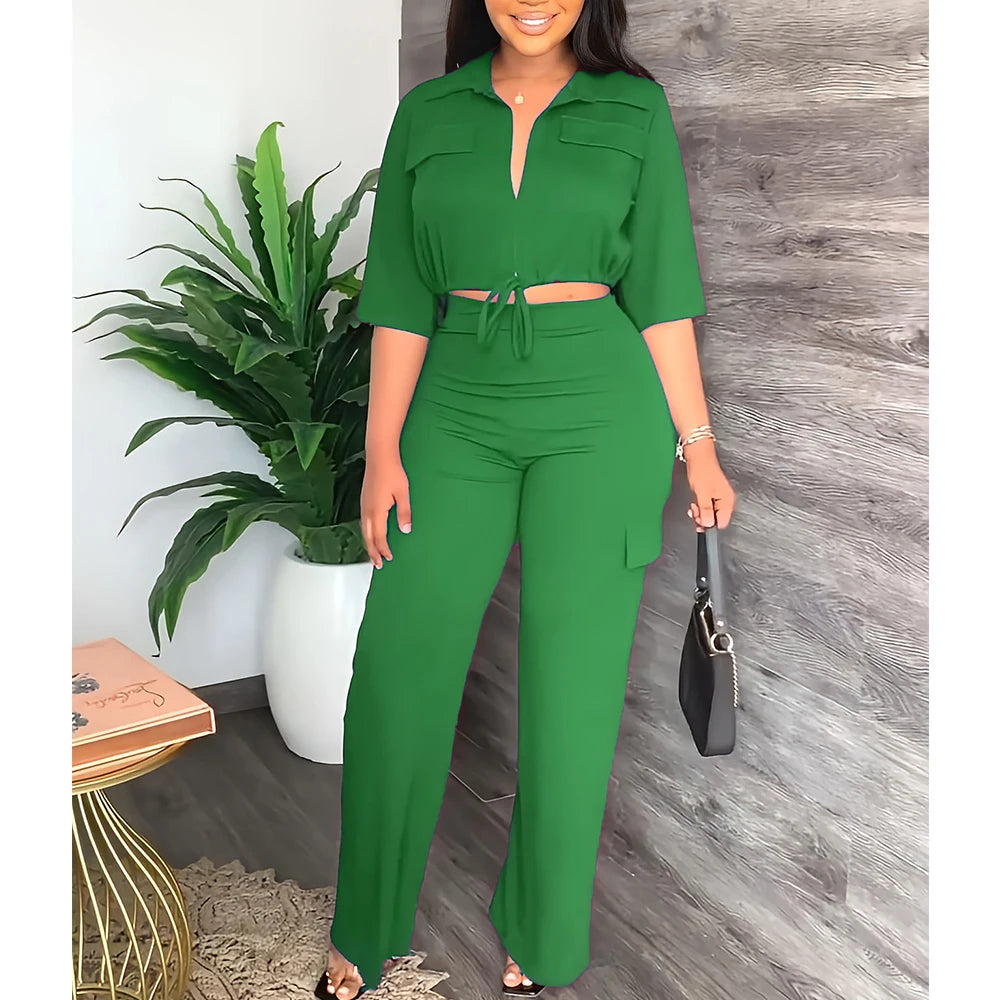 Elegant Women's Set Casual Drawstring Half Sleeve Short Blouse High Waist Straight Wide Leg Pant Suit Tracksuit Two Piece Outfit