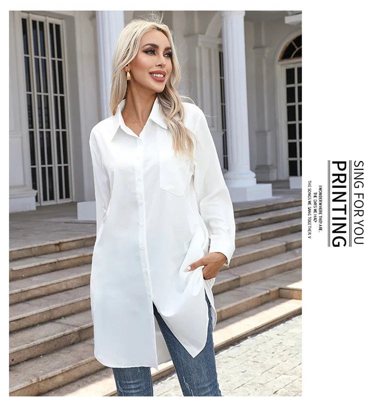 Long Shirt Women 2023 Vintage Pocket Shirts &Blouses Oversized Long Sleeve Blouse Fashion Women's Clothing Button Up Womens Tops