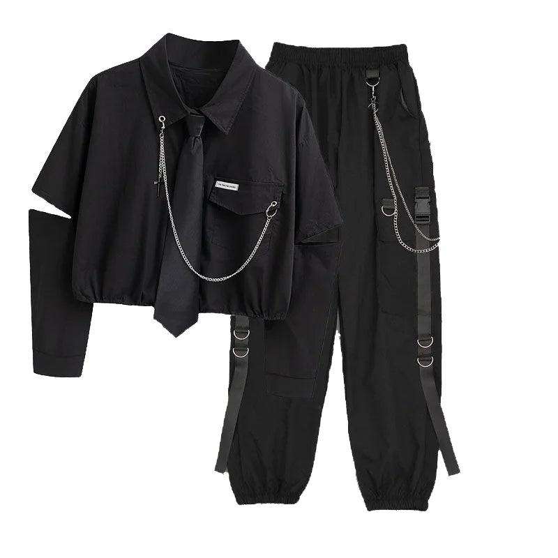 Female Set Woman 2 Pieces Pants Korean Fashion Chain Streetwear Harajuku Shirt+Sweat High Waist Y2k Aesthetic Two-piece Suit