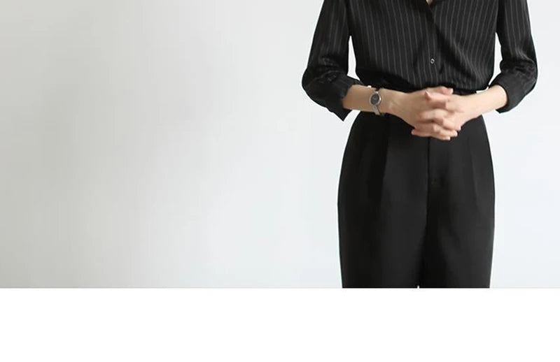 MEXZT Vintage Black Striped Shirts Women Office Long Sleeve Loose Casual Blouses Lady Korean Fashion Elegant Chic All Match Tops