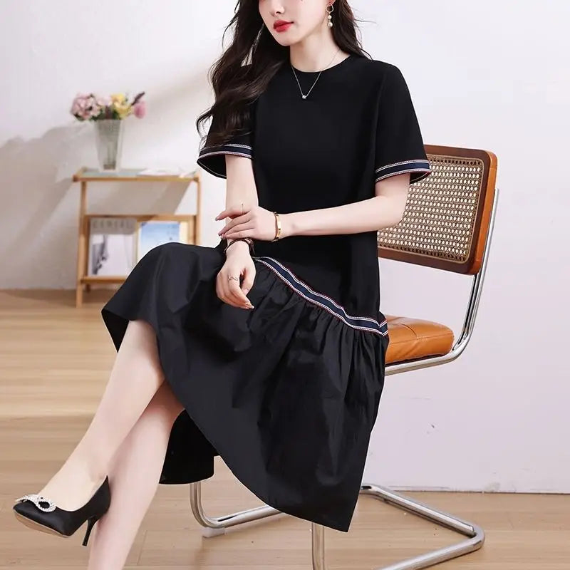2024 New Fashion All-match Short Sleeve Dresses Ladies Pleated O-neck Women's Clothing Summer Elegant Pullovers A-line Skirt