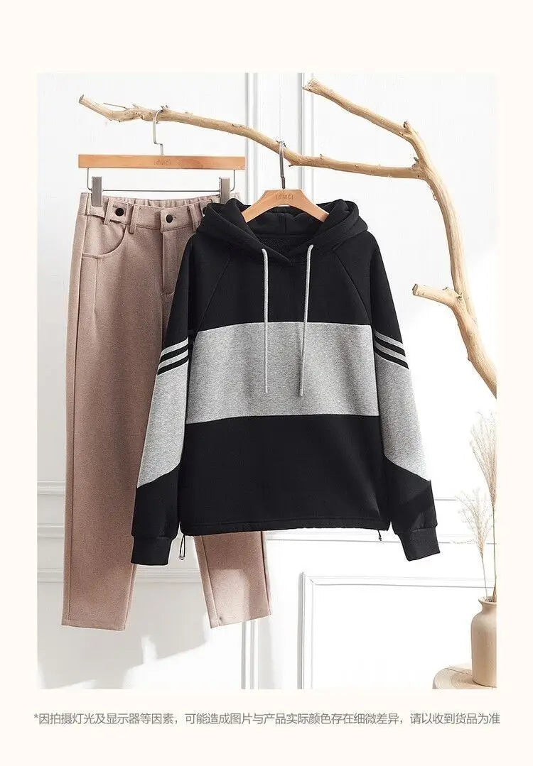 Autumn Winter Loose Casual Patchwork Hoodies Ladies Simple Fashion All-match Pullover Top Women Hooded Sweatshirt Female Clothes