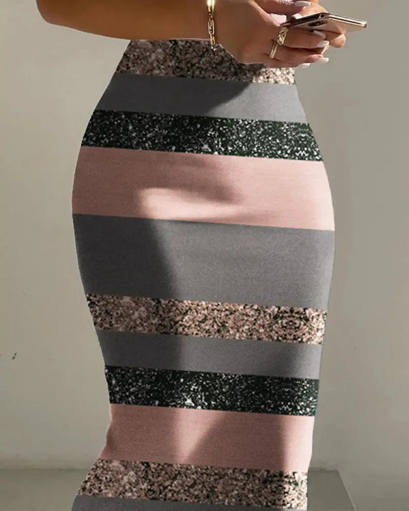 2024 Spring Summer Sleeveless Print Midi Dress High Neck Sexy Bandage Plaid Striped Pencil Elegant Body Sexy Party Vestidos