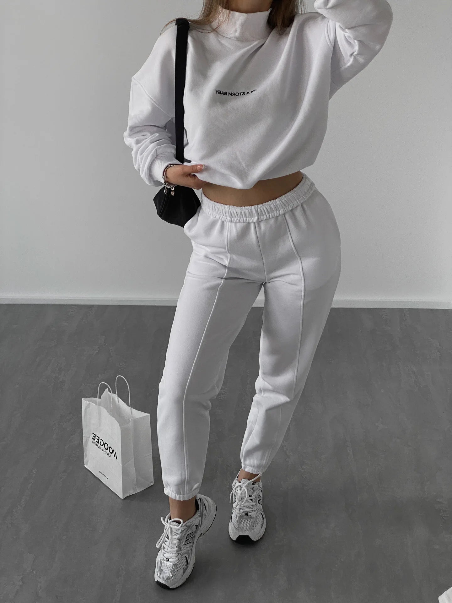 2023 Spring Autumn New Printed Loose Sports Suit Women Turtleneck Long Sleeve Sweatshirt Drawstring High Waist Pencil Pants Suit