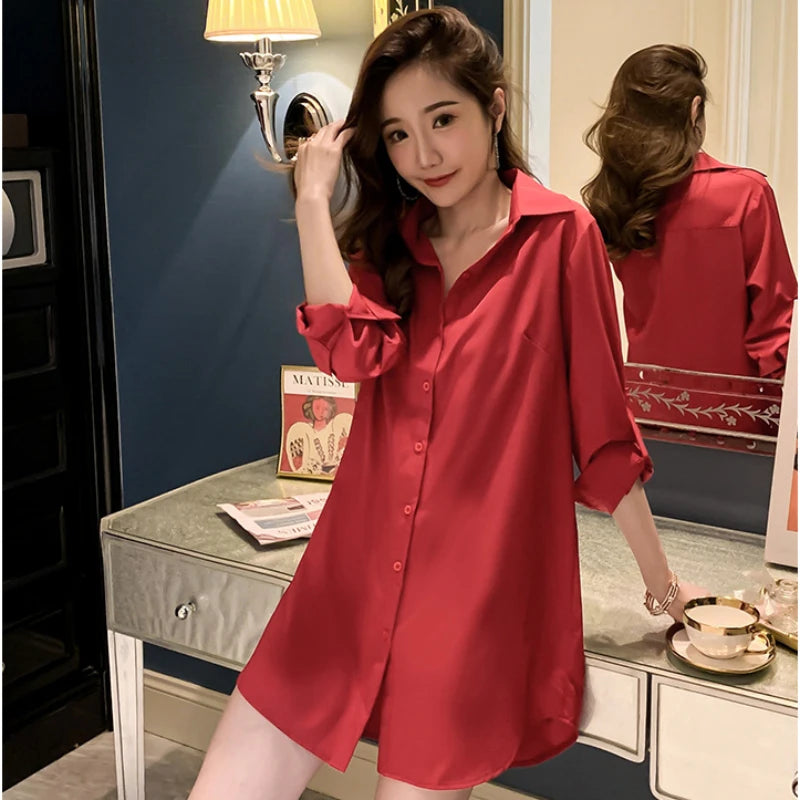 Mid-Length White Shirt Women BF Sexy Shirt Pajamas Female Skirt Ladies Tops Loose 2023 Autumn Clothing Women Shirts and Blouses