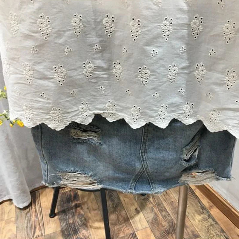 Embroidery Hollow Women Shirts Fashion Loose Short Sleeve Shirt Summer Comfortable Casual Female Tops O-Neck Ladies Clothes