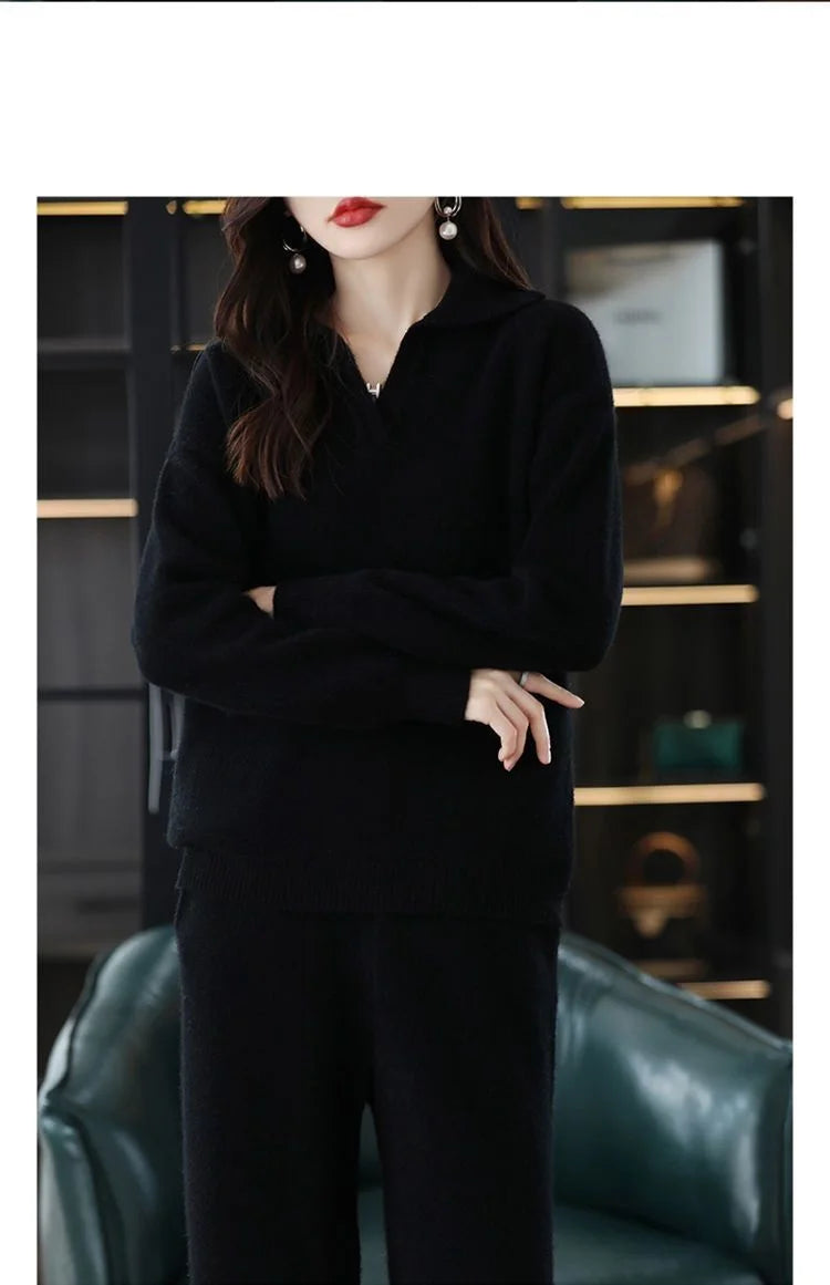 Knitted Suit Women's 2024 New Fashion Autumn Winter Long-sleeved Lapel Sweater+Wide leg pants Female Loose Casual Two-piece Sets