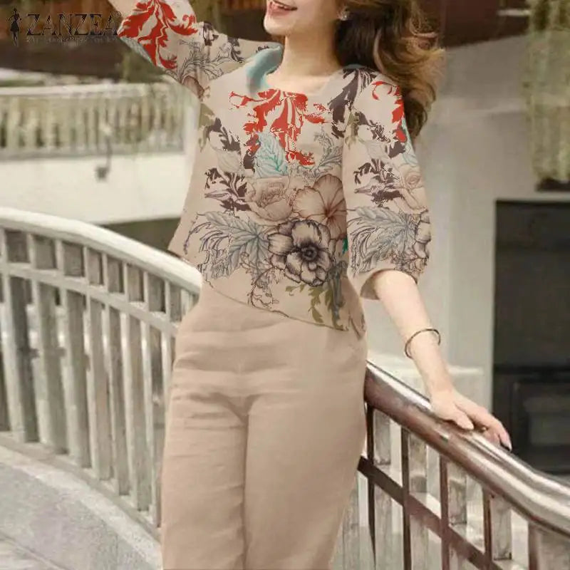 2024 Summer Floral Tracksuits ZANZEA Bohemain Female Blouse Pant Sets Women Fashion Printed Matching Sets Elegant OL Work Suits