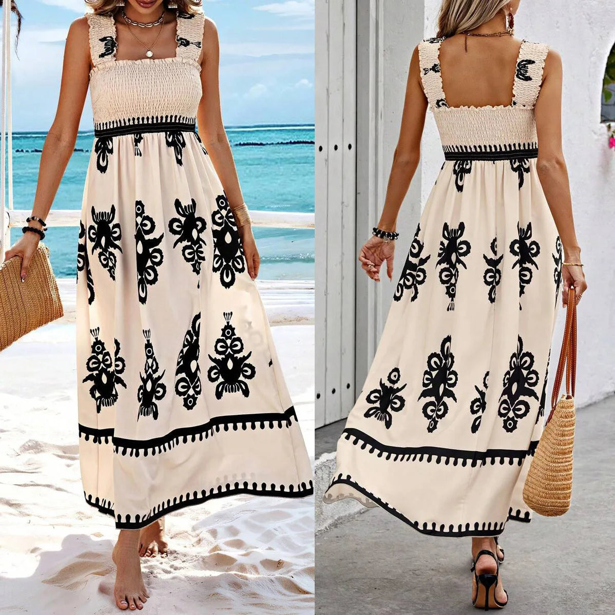 2024 New Women Summer Dress Straps Printed High Waist Sexy Backless Beach Dress Holiday New Robes Fashion Dresses