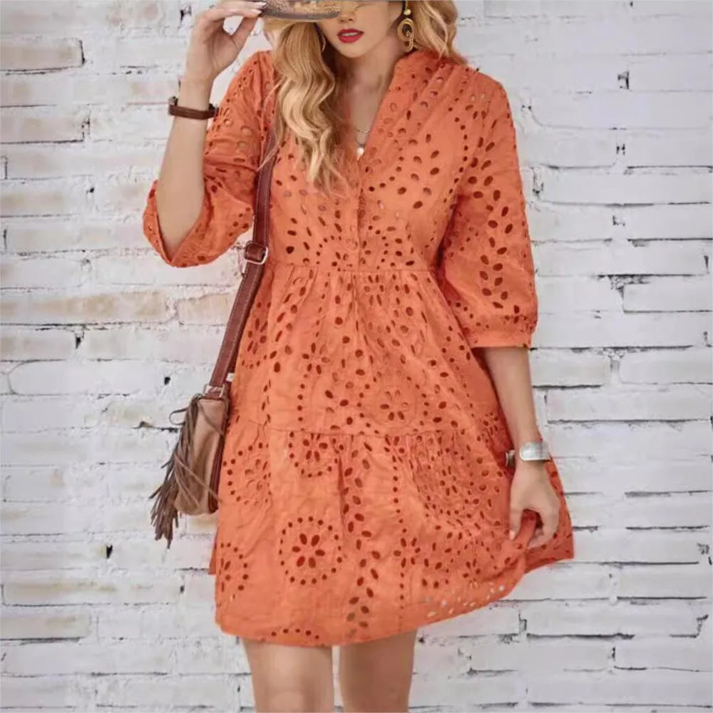 Spring Summer New Solid Color Hollow Out Fashion 7 Point Sleeve Dress Wmen's Casual Loose Simple Elegant Female Holiday Dresses
