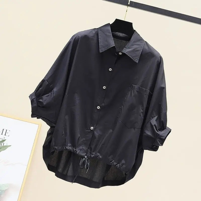 Summer New Bat Sleeve Pockets Shirt Women Loose Casual Short Sleeve Blouse Solid Lace Up Tops Half Shirts Lady High Street Trend
