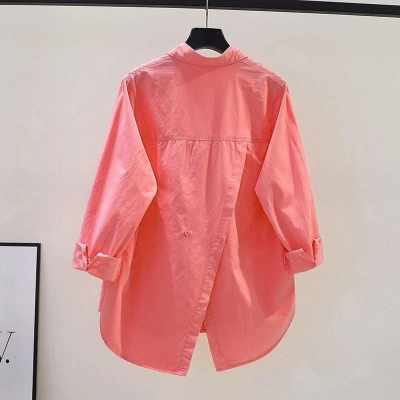 Women's Simple Casual Asymmetrical Oversized Cotton Button Up Long Sleeve Tunic Shirts Solid Streetwear Top Blouse Blusas Mujer