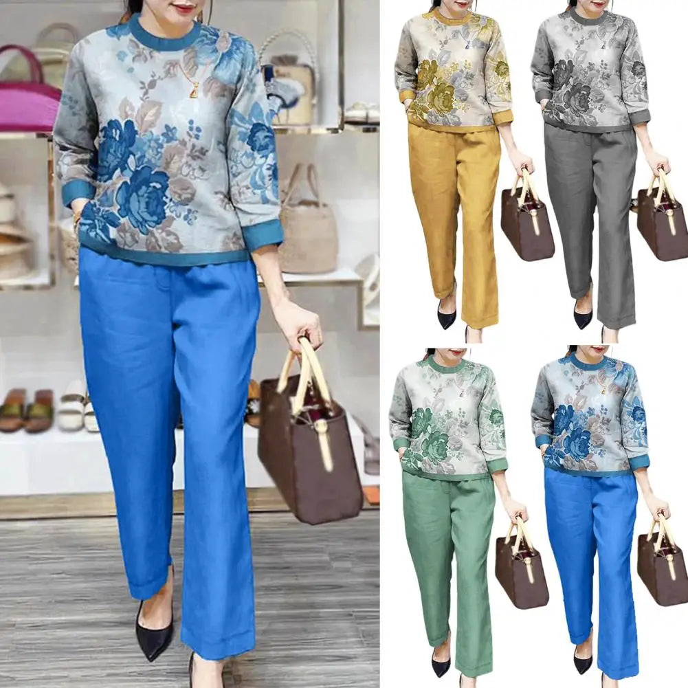 Loose Fit Women Casual Set Floral Print Women's T-shirt Pants Set with Wide Legs Pockets Stylish Spring/fall Suit for Female