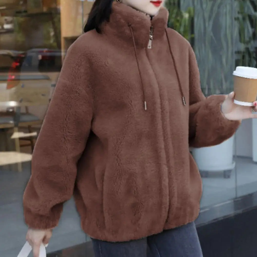 Chic Women Winter Jacket Thermal Winter Coat Zipper Placket Pure Color Women Winter Coat Drawstring