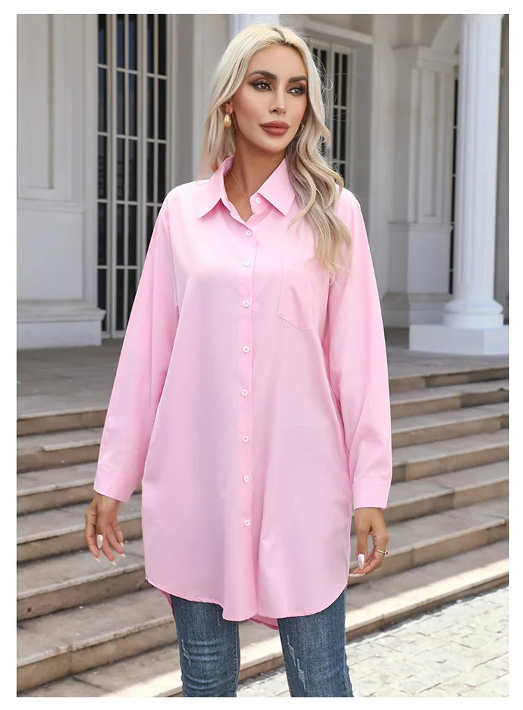 Long Shirt Women 2023 Vintage Pocket Shirts &Blouses Oversized Long Sleeve Blouse Fashion Women's Clothing Button Up Womens Tops