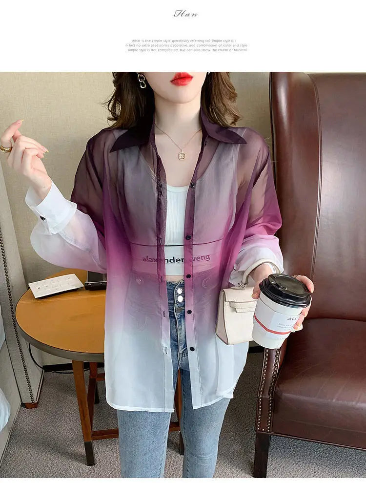 Shirts Women Gradient Loose Leisure Summer Sunscreen Lapel Thin Soft Designed Breathable Korean Fashion Clothing Office Lady New