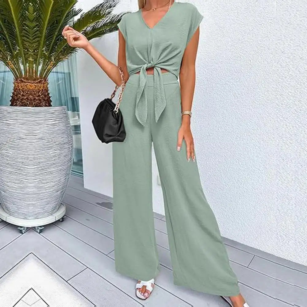 Women Top Pants Suit Elegant Lace-up Knot Women's Top Pants Set for Office Wear V Neck Short Sleeves Solid Color High for Women