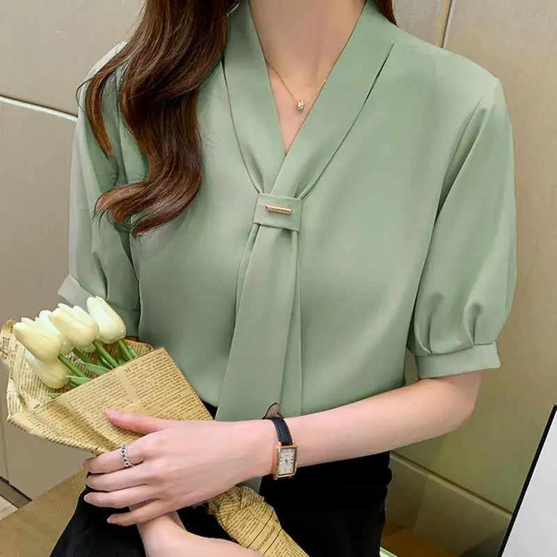 VONDA 2024 Summer Women Tops Fashion Casual Short Sleeve Chiffon Blouse Tie Shirts Loose Solid Color Tunic Blusas Femininas