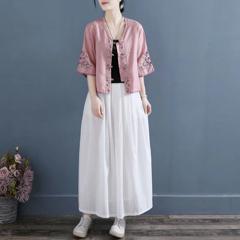 Summer Ethnic Style Cotton Linen Embroidery Vintage Frog Shirt Female Half Sleeve Loose Casual Fashion All-match Cardigan Blouse