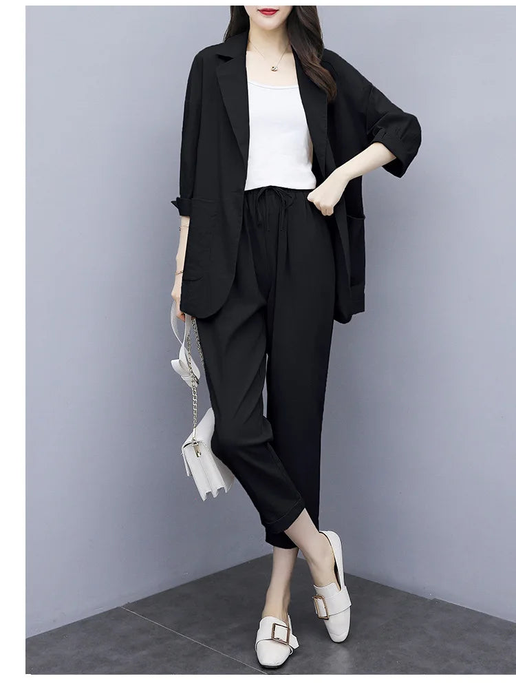 Spring and Autumn New Fashion Plus Size Women's Three Piece Suit Cotton Blended Single Button Coat Nine Point Pants Office