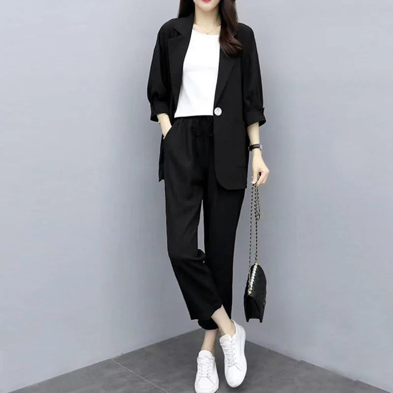 Spring and Autumn New Fashion Plus Size Women's Three Piece Suit Cotton Blended Single Button Coat Nine Point Pants Office