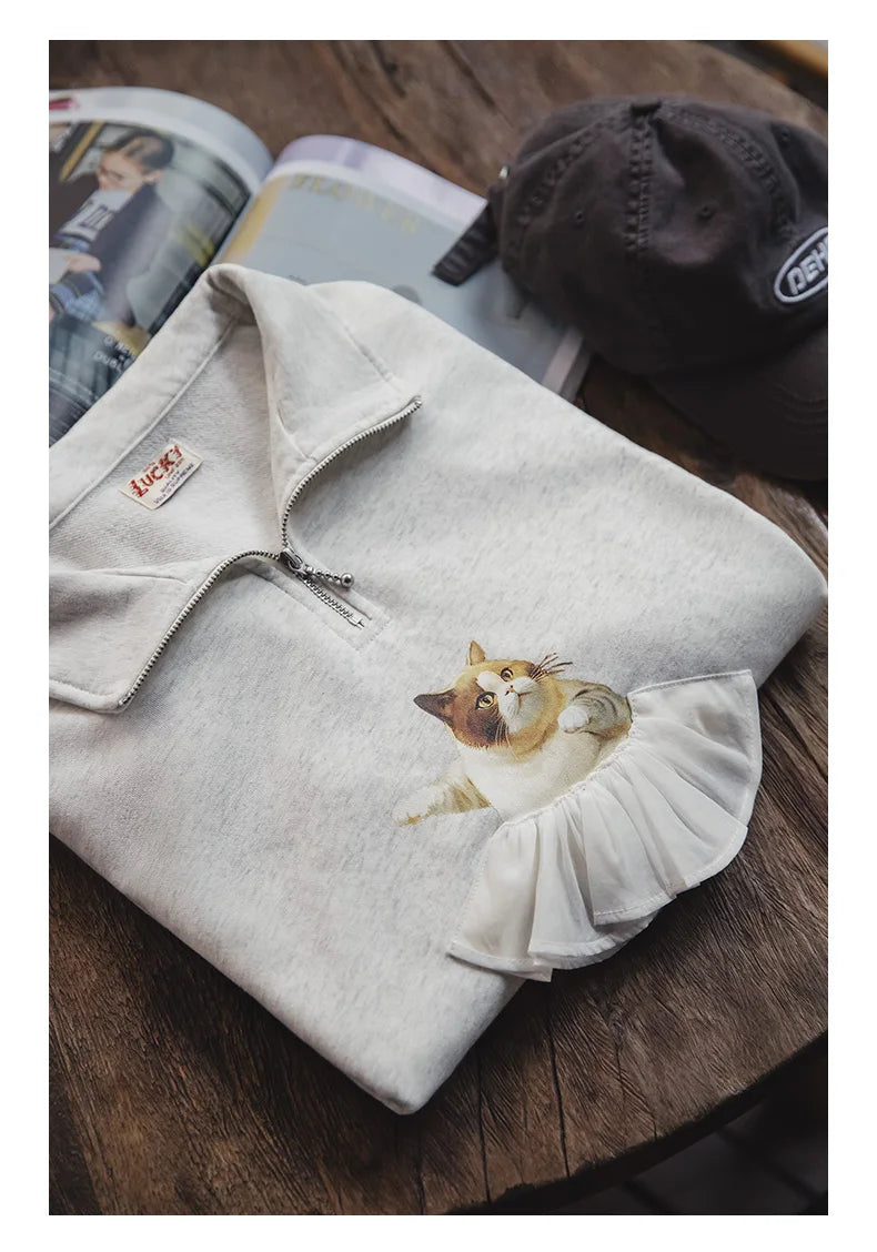 Maden Printed Ballet Cat Sweatshirts for Women Stand Collar Casual Sweater Gray Long Sleeve Pullover Autumn Gray Sweaters Top