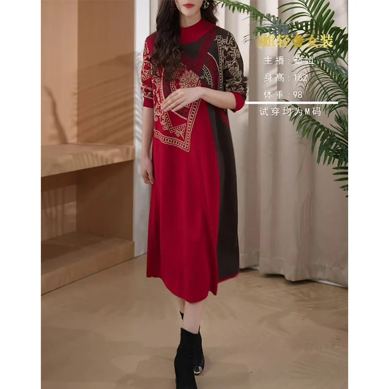 Women Commute Spliced Loose Long Dress 2024 Autumn Winter Striped Grace Half High Collar Knit Vintage Chic Elegant Wool Dresses