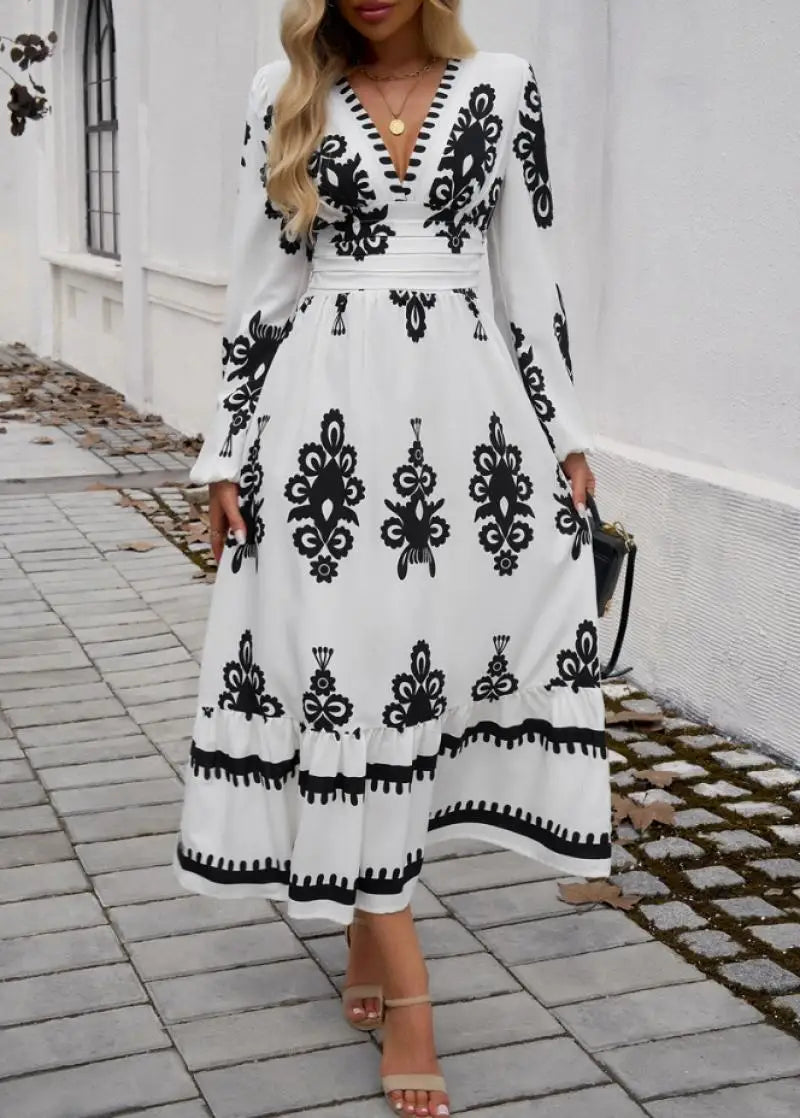 Elegant Dresses Women Summer 2024 Autumn Casual Tribal Ethnic Print V-Neck Long Sleeved High Waist Elegant Vacation A-Line Dress