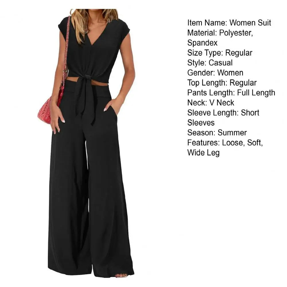 Women Top Pants Suit Elegant Lace-up Knot Women's Top Pants Set for Office Wear V Neck Short Sleeves Solid Color High for Women