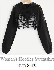 Women's Hoodies Sweatshirt Ultra Short Mesh Splice pullover Sweatshirts Gothic Women Long Sleeve Lumbar Sexy Top Street Wear