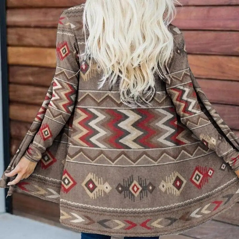 Pretty Female Coat Long Sleeve Coat Comfortable Ethnic Print Cardigan Top Winter Coat Keep Warm