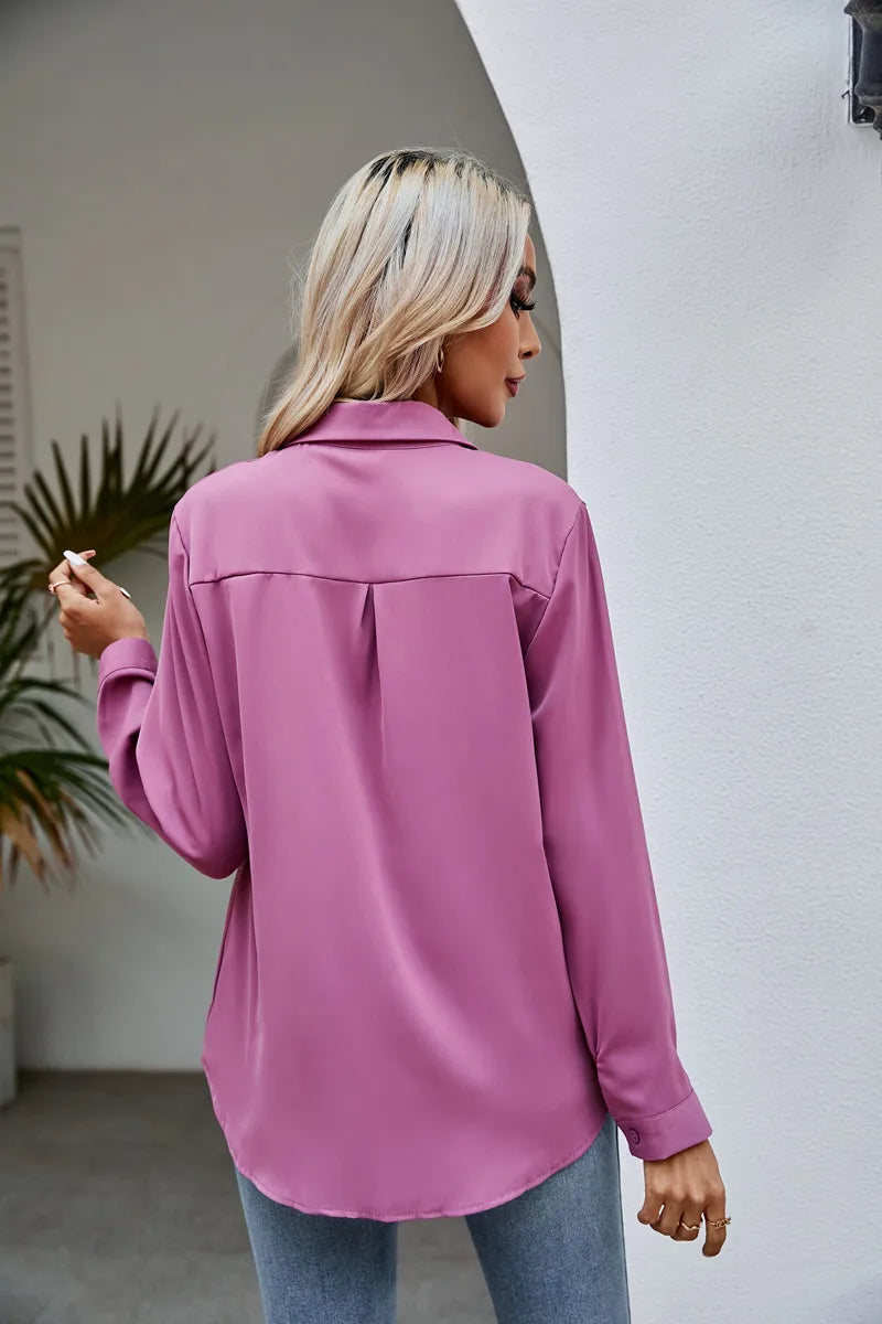 Casual Chiffon Blouse Tops Spring Summer V Neck Long Sleeve Hide Button Loose OL Workwear Business Blouse Shirts ARJ-004