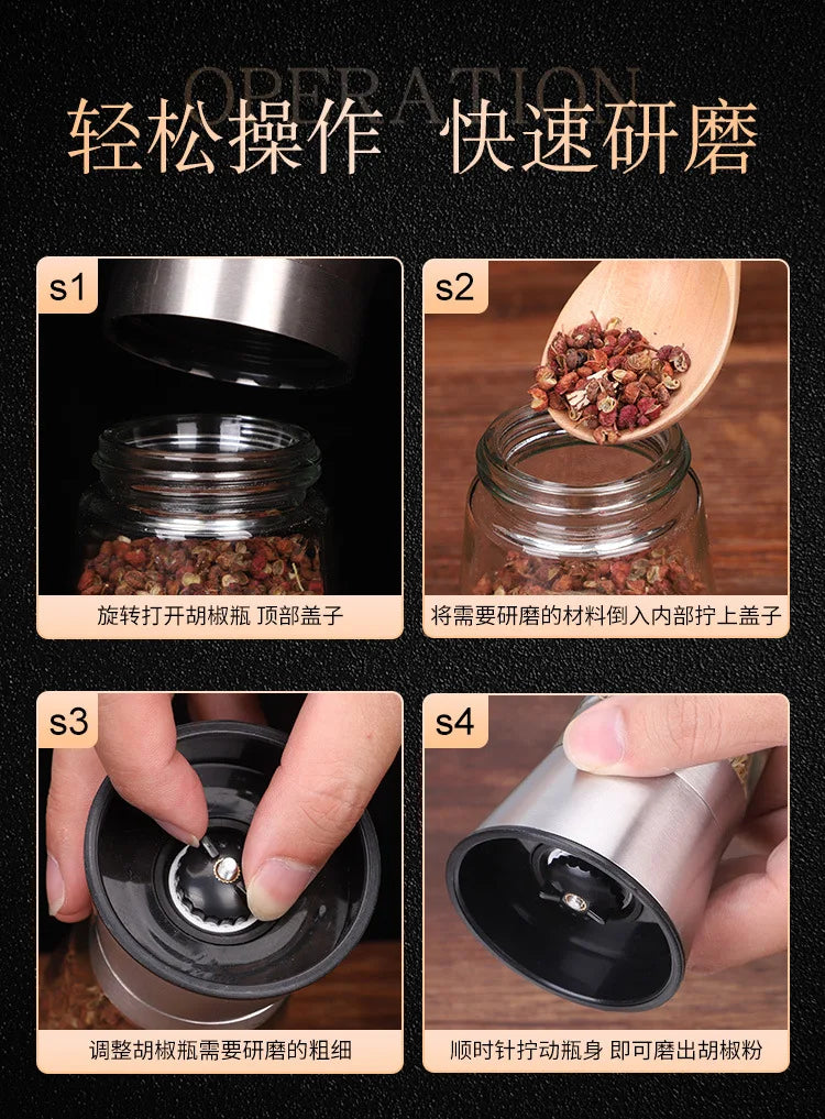 180/200ML Black Pepper Grinder with Stainless Steel Mill Manual Spice Glass Salt and Pepper Grinder Machine for Household