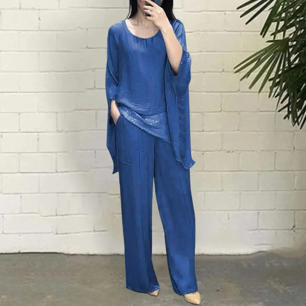 Fashionable Women Suit Stylish Women's Casual Suit with Wide Leg Pants Batwing Sleeve Top for Home Office Party Outfits Wide-leg