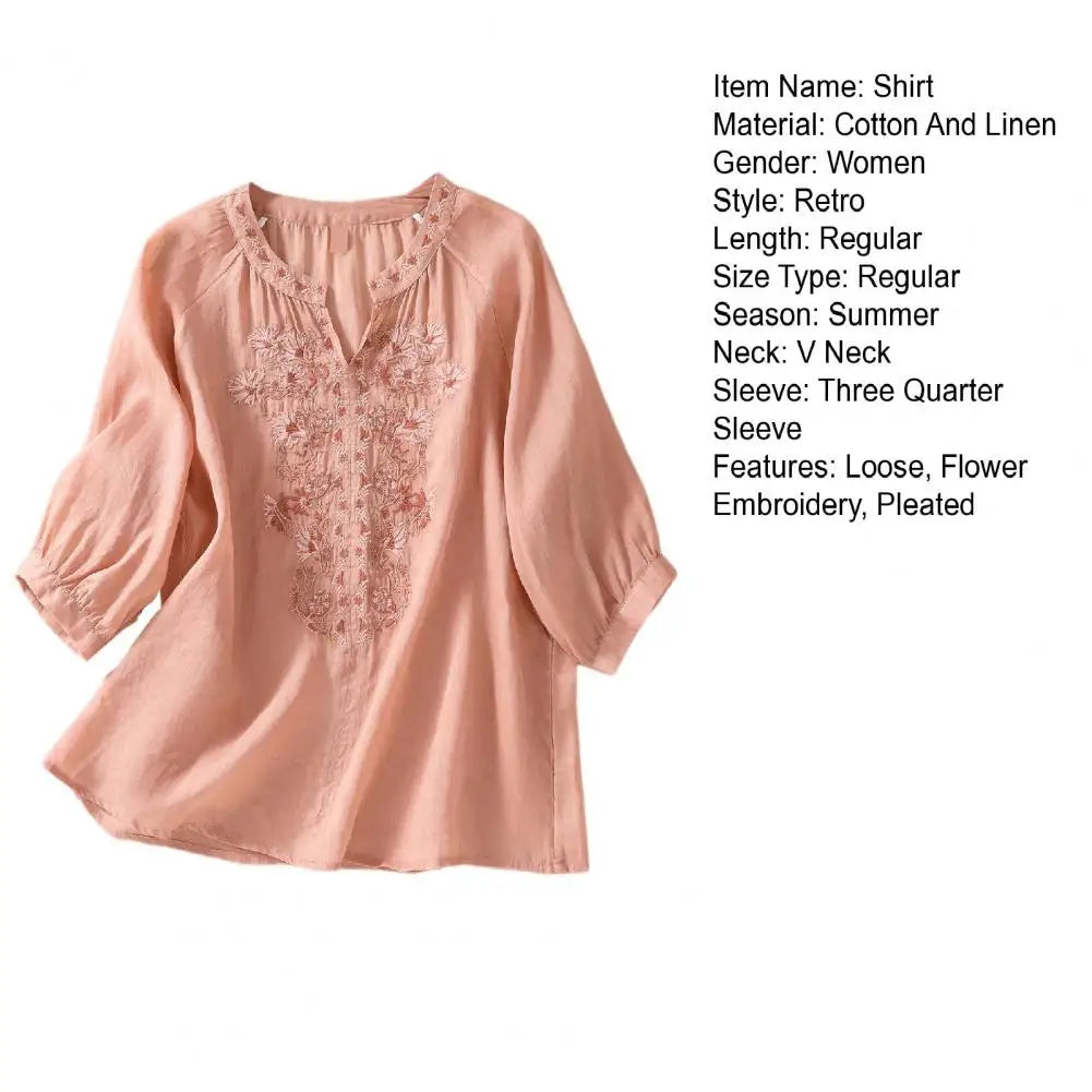 Cotton Linen Flower Embroidery Shirt Women Three Quarter Sleeves V Neck Casual Blouse Loose Solid Color Mother Blouse Women Top