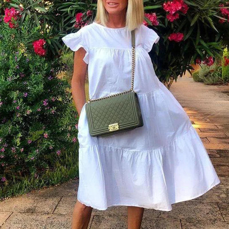 Women Ruff Sundress Elegant Casual Party Beach Vintage Swing Midi Dress 2022 Summer Solid Bohemian Oversized Vestidos Robe