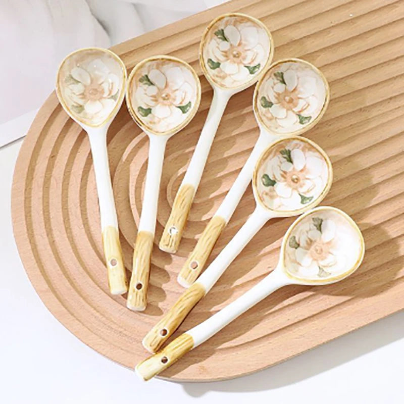 1PCS Ceramic Soup Spoon Cereal Spoon Cute Household Tableware Painted Coffee Spoon Jam Spoon Gift Dessert Scoop Kitchenware