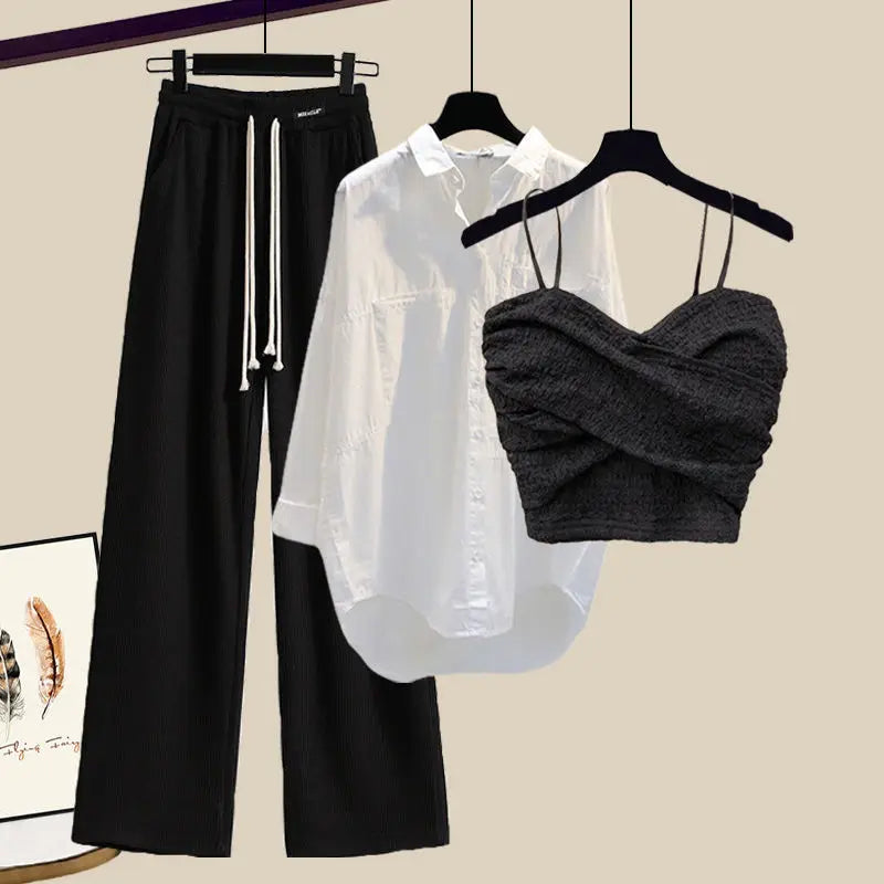 2023 Summer New Wide Free Casual Wide Leg Trousers White Shirt Wave Bra Vest Three Piece Elegant Women's Pants Set Tracksuit