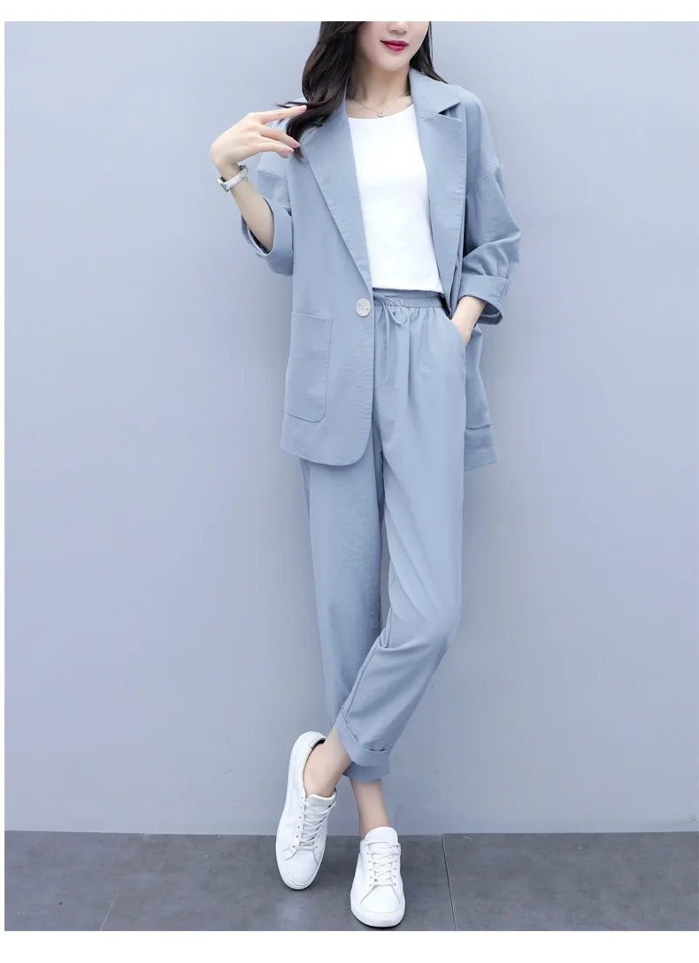 Spring and Autumn New Fashion Plus Size Women's Three Piece Suit Cotton Blended Single Button Coat Nine Point Pants Office