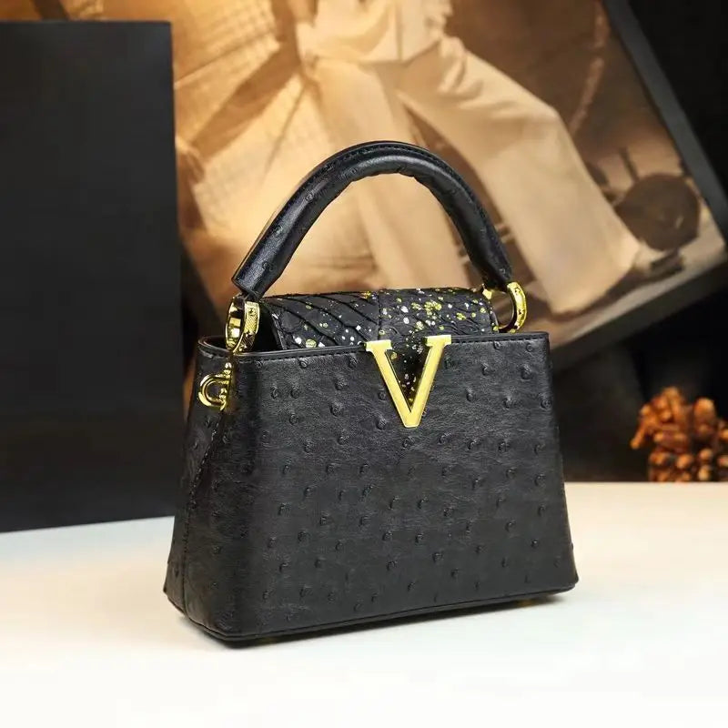 Fashion Luxury Leather Women's Handbags V Letter Small Shoulder Crossbody Bag Niche Ostrich Print Portable Messenger Shell Bags