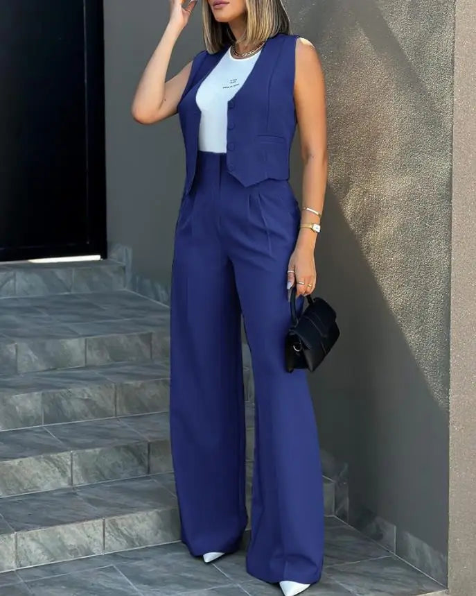 New 2024 Women's Summer Casual 2PCS Pants Sets Solid Vest +Pants Sets Elegant High Waist Wide Leg Outfits Women Matching Sets