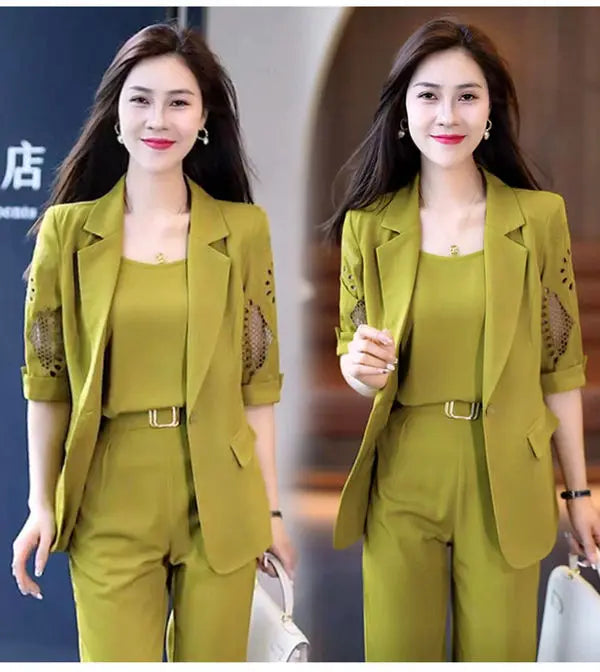 2023 Autumn New Vintage Hollow Short Sleeve Jacket with Tank Top Casual Pants Three Piece Elegant Women's Pants Suit Office Set