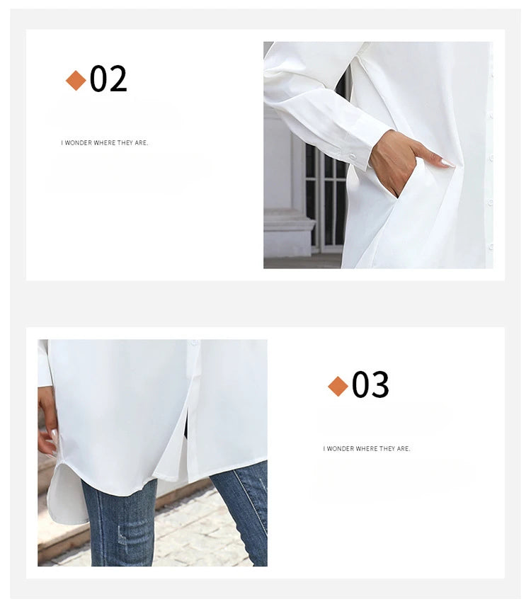 Long Shirt Women 2023 Vintage Pocket Shirts &Blouses Oversized Long Sleeve Blouse Fashion Women's Clothing Button Up Womens Tops