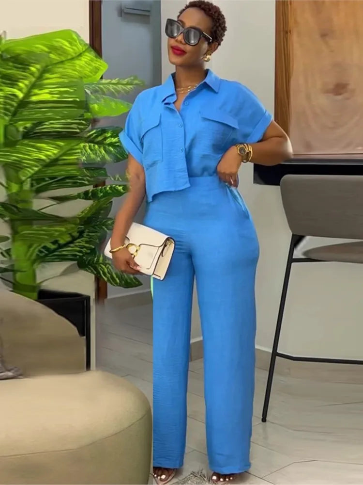 Women's Two Piece Sets Spring Summer Casual Solid Turn-down Neck Short Sleeve Loose Top & Wide Leg Pants Set Streetwear Outfits